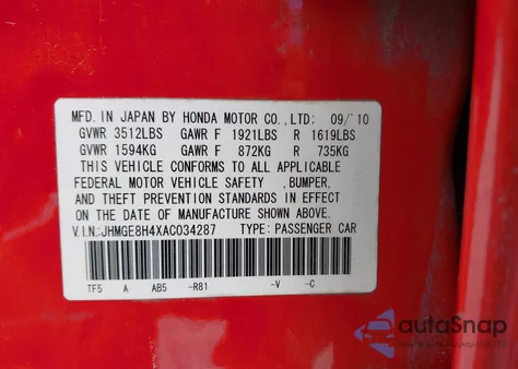 2010 Honda Fit Sport z USA, uszkodzony, nr VIN JHMGE8H4XAC034287